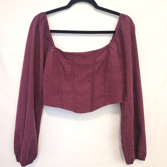 Kirious Juniors Puff Sleeve Corset Crop Top XL Square Neck Deep Maroon Romantic - Picture 1 of 7